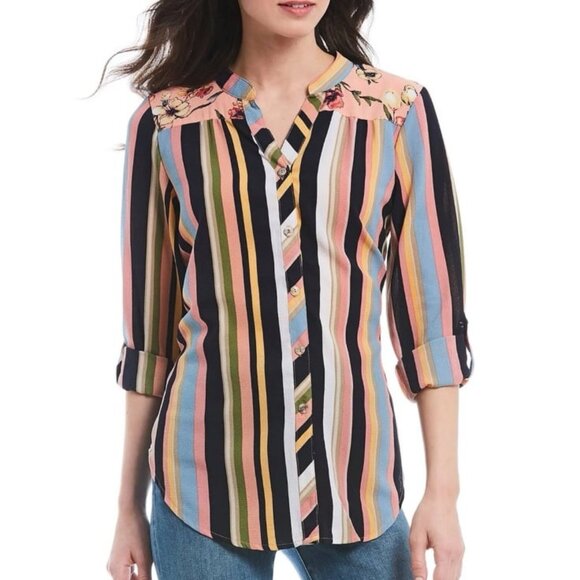 Anthropologie Fig & Flower Multi Stripe Floral Long Sleeve Button Shirt - Picture 1 of 4